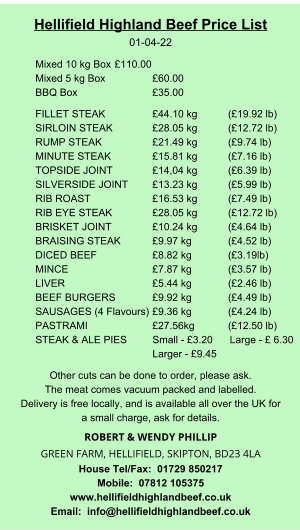Highland Beef price list